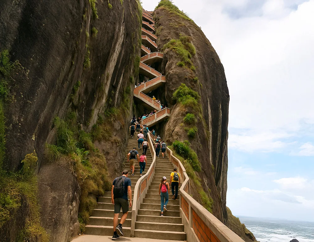 Visitantes suben la escalera tallada en la Piedra del Peñol.