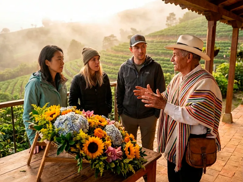 Un silletero de Santa Elena, de poncho y sombrero, explica su oficio a tres visitantes junto a una silleta de flores recién armada.